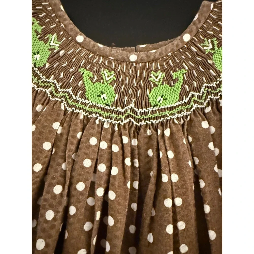 Amanda Remembered Whale Smocked Girls Dress Brown Polka-Dot Short Sleeve